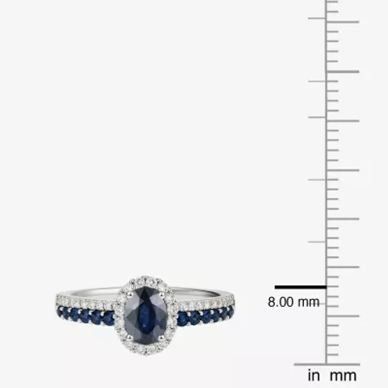 (J-K/I2-I3) Womens 1/5 CT. Genuine Blue Sapphire 10K White Gold Oval Halo Side Stone Cocktail Ring