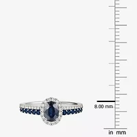 (J-K/I2-I3) Womens 1/5 CT. Genuine Blue Sapphire 10K White Gold Oval Halo Side Stone Cocktail Ring
