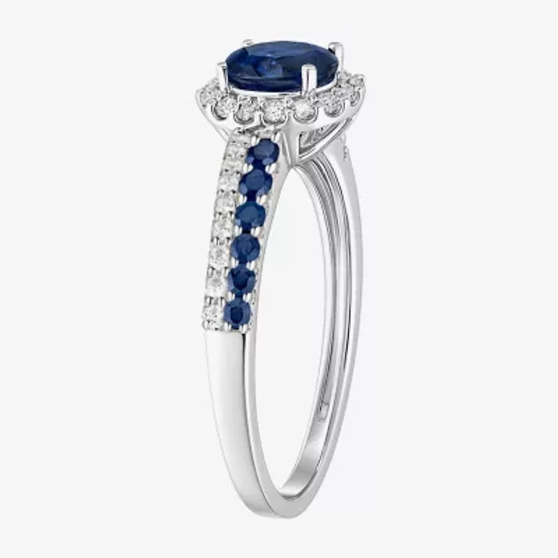 (J-K/I2-I3) Womens 1/5 CT. Genuine Blue Sapphire 10K White Gold Oval Halo Side Stone Cocktail Ring