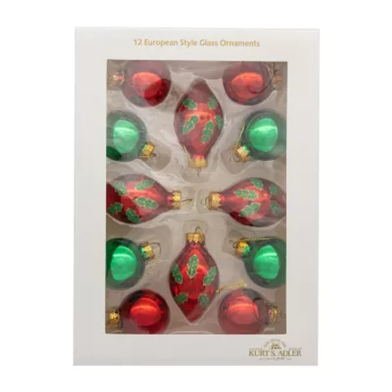 Kurt Adler 35mm Glass Green And Red With Holly Leaves Ball 12-pc. Christmas Ornament