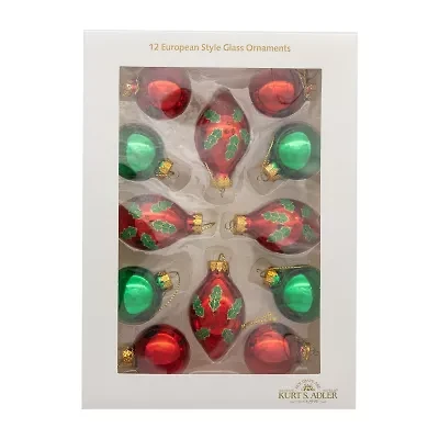 Kurt Adler 35mm Glass Green And Red With Holly Leaves Ball 12-pc. Christmas Ornament