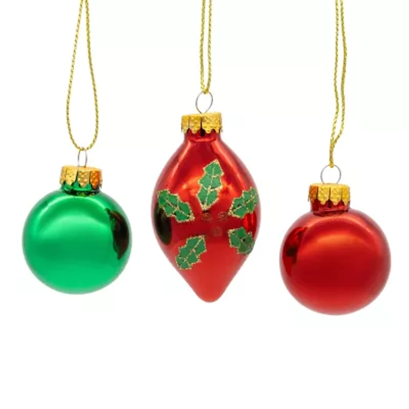 Kurt Adler 35mm Glass Green And Red With Holly Leaves Ball 12-pc. Christmas Ornament