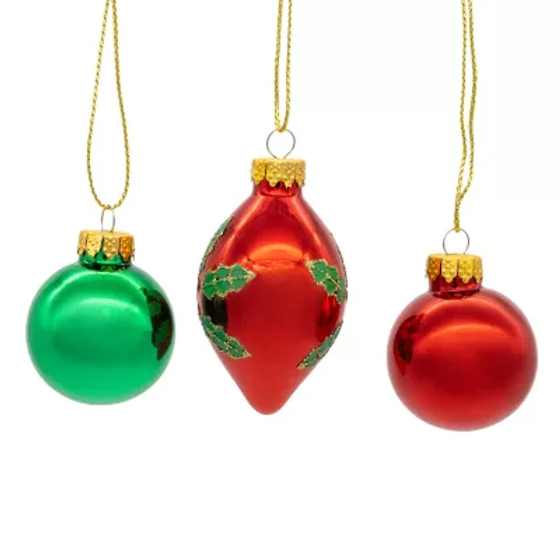 Kurt Adler 35mm Glass Green And Red With Holly Leaves Ball 12-pc. Christmas Ornament