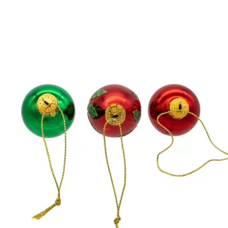 Kurt Adler 35mm Glass Green And Red With Holly Leaves Ball 12-pc. Christmas Ornament