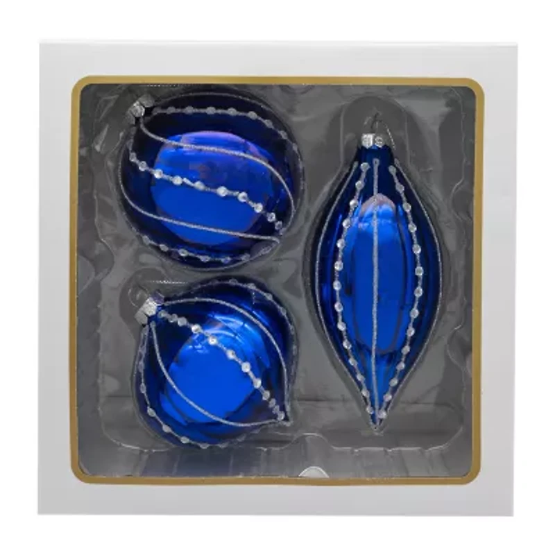 Kurt Adler 80mm Glass Shiny Blue Gemmed Onion Finial And Ball 3-pc. Christmas Ornament
