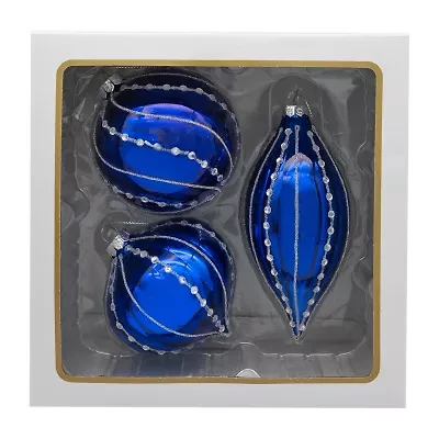 Kurt Adler 80mm Glass Shiny Blue Gemmed Onion Finial And Ball 3-pc. Christmas Ornament