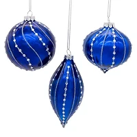 Kurt Adler 80mm Glass Shiny Blue Gemmed Onion Finial And Ball 3-pc. Christmas Ornament