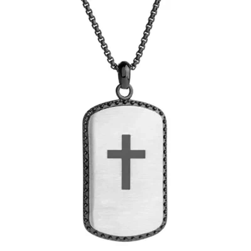 Mens Stainless Steel Cross Dog Tag 24 Inch Pendant Necklace