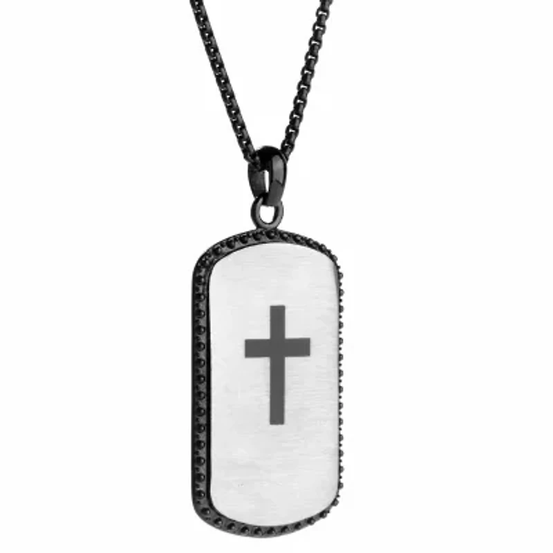 Mens Stainless Steel Cross Dog Tag 24 Inch Pendant Necklace