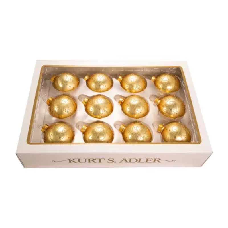 Kurt Adler 60MM Gold With Pattern Glass Ornaments 12-Piece Box