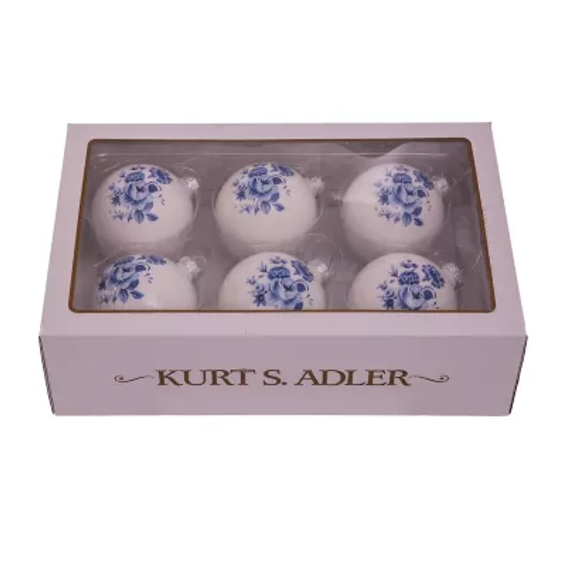 Kurt Adler 80MM Delft Blue Shiny Glass Ball Ornaments 6-Piece Set