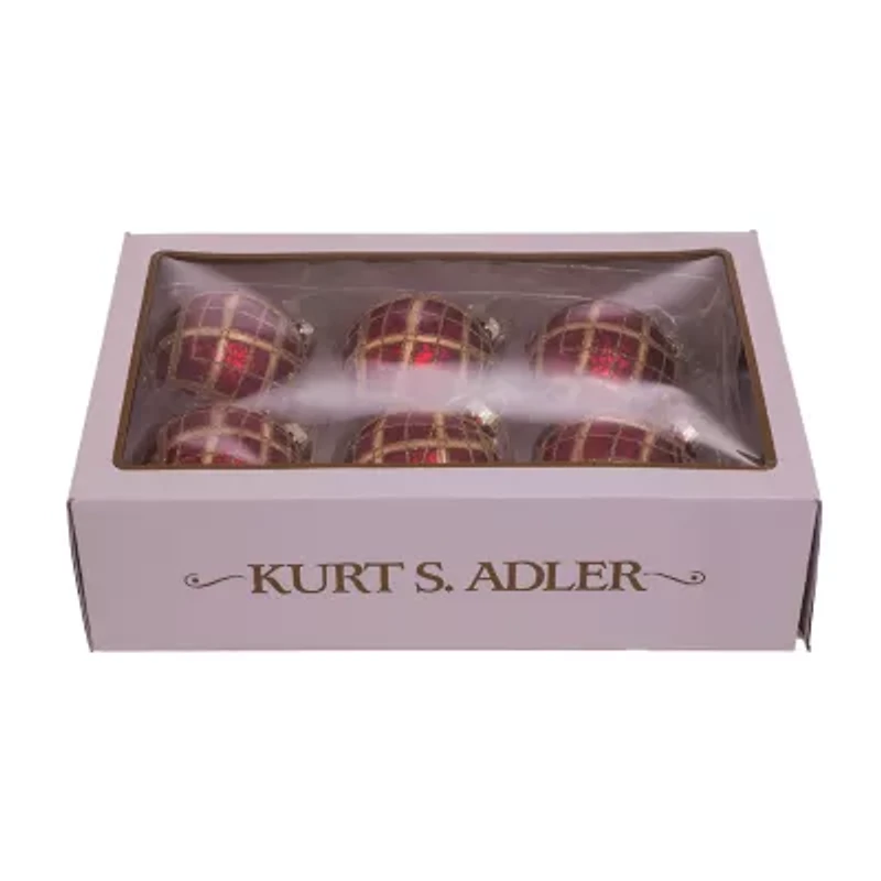 Kurt Adler 80MM Red with Gold Plaid Glass Ball Ornaments 6-Piece Set