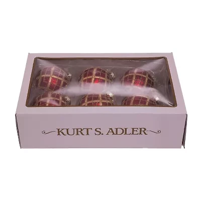 Kurt Adler 80MM Red with Gold Plaid Glass Ball Ornaments 6-Piece Set