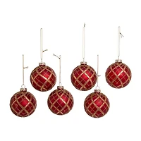 Kurt Adler 80MM Red with Gold Plaid Glass Ball Ornaments 6-Piece Set