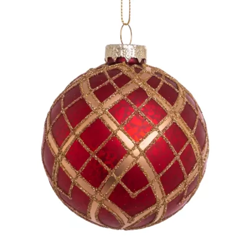 Kurt Adler 80MM Red with Gold Plaid Glass Ball Ornaments 6-Piece Set