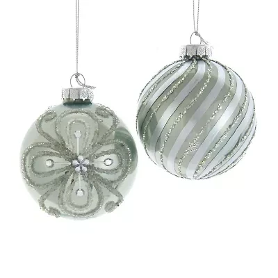 Kurt Adler 80MM Silver and Pale Aqua Embellished Ball Ornaments 6 Piece Set
