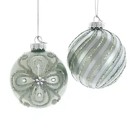 Kurt Adler 80MM Silver and Pale Aqua Embellished Ball Ornaments 6 Piece Set