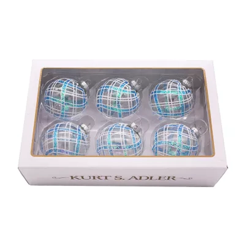 Kurt Adler 80MM Plaid Light Blue and Clear Glass Ball Ornaments 6 Piece Set