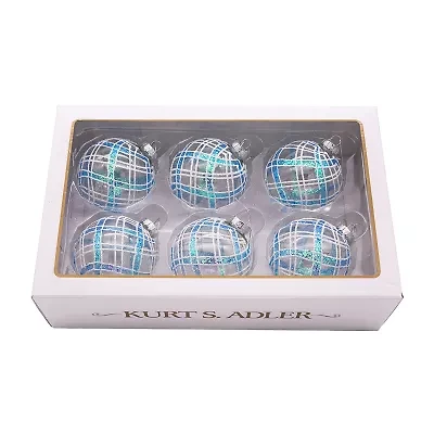 Kurt Adler 80MM Plaid Light Blue and Clear Glass Ball Ornaments 6 Piece Set