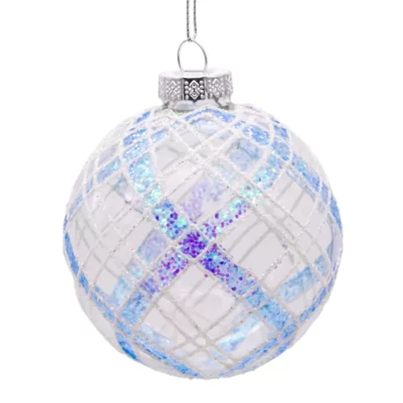 Kurt Adler 80MM Plaid Light Blue and Clear Glass Ball Ornaments 6 Piece Set