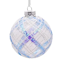 Kurt Adler 80MM Plaid Light Blue and Clear Glass Ball Ornaments 6 Piece Set