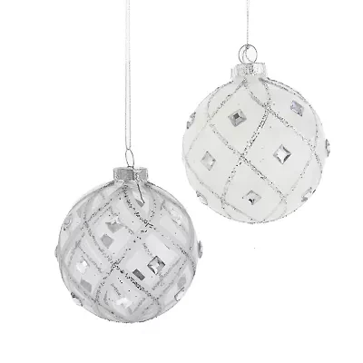 Kurt Adler 80MM Jeweled Clear Feather White Ball Ornaments 6 Piece Set
