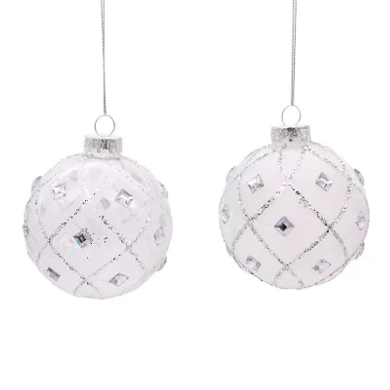 Kurt Adler 80MM Jeweled Clear Feather White Ball Ornaments 6 Piece Set
