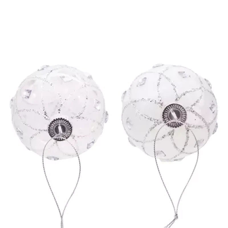 Kurt Adler 80MM Jeweled Clear Feather White Ball Ornaments 6 Piece Set