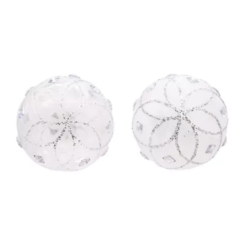 Kurt Adler 80MM Jeweled Clear Feather White Ball Ornaments 6 Piece Set