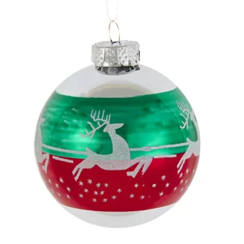Kurt Adler 80MM Red and Green Reindeer Glass Ball Ornaments 6 Piece Set