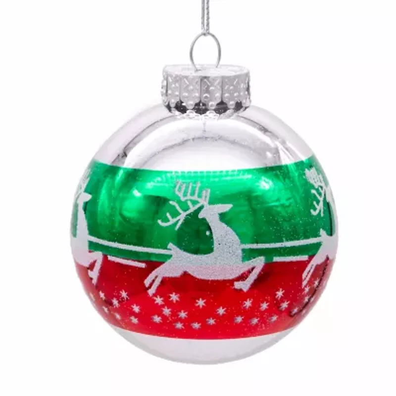 Kurt Adler 80MM Red and Green Reindeer Glass Ball Ornaments 6 Piece Set