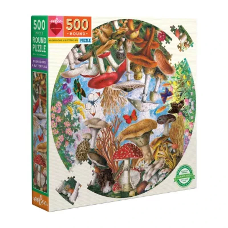 Eeboo Piece And Love Mushrooms And Butterflies 500 Piece Round Circle Jigsaw 500-pc. Puzzle