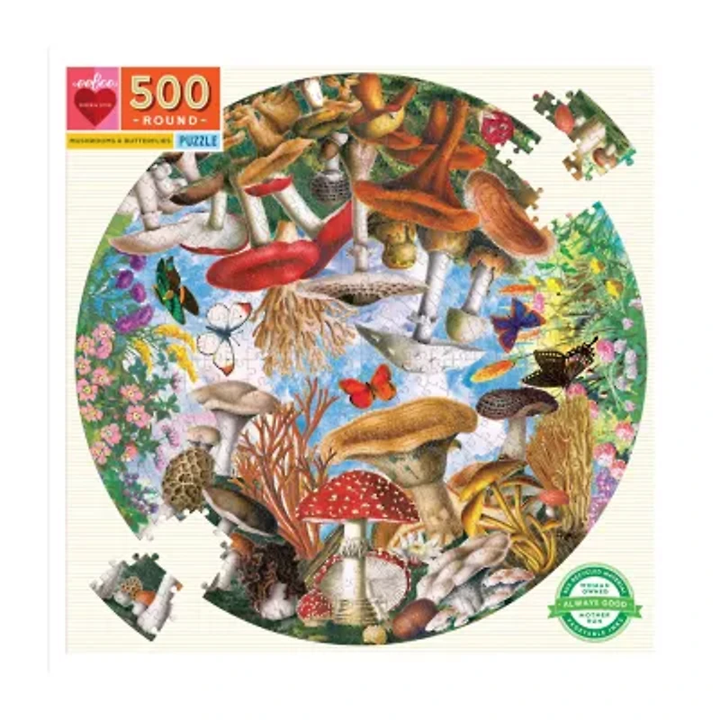 Eeboo Piece And Love Mushrooms And Butterflies 500 Piece Round Circle Jigsaw 500-pc. Puzzle