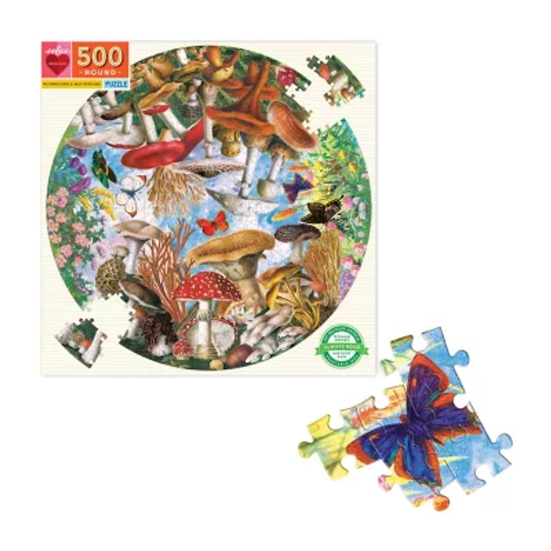 Eeboo Piece And Love Mushrooms And Butterflies 500 Piece Round Circle Jigsaw 500-pc. Puzzle