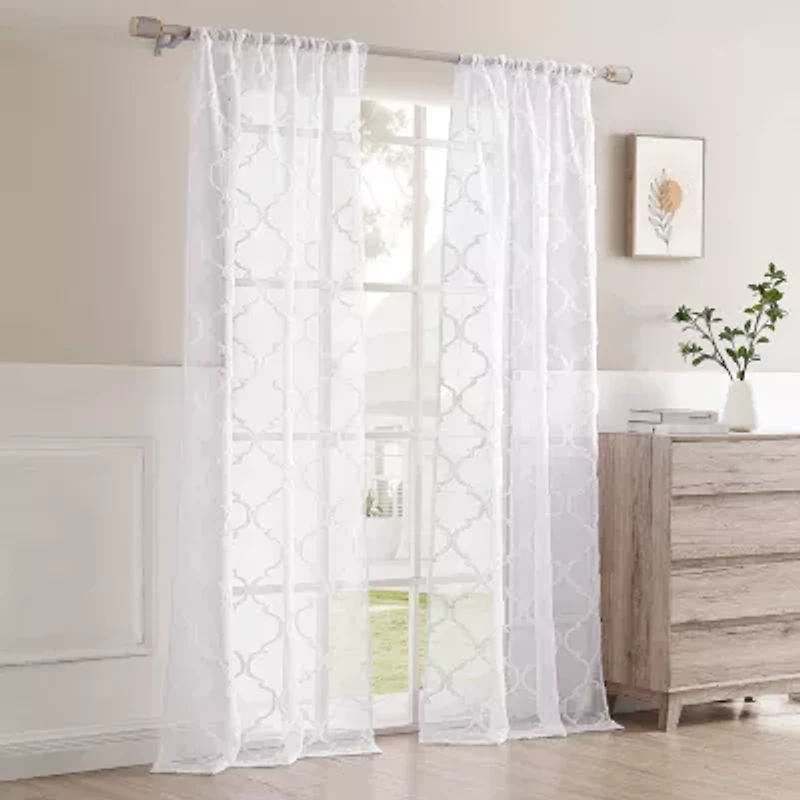 Laura Ashley Berwyn Rod Pocket Embroidered Sheer Set of Curtain Panel