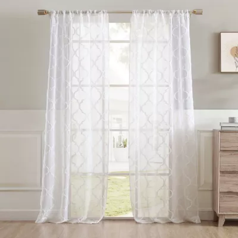 Laura Ashley Berwyn Rod Pocket Embroidered Sheer Set of Curtain Panel