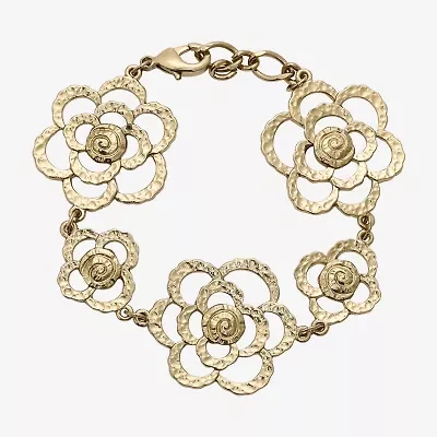 1928 Gold Tone Hammered Womens Flower 7 Inch Link Bracelet