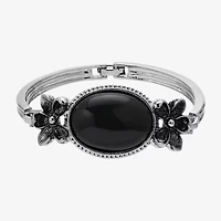 1928 Silver Tone & Black Womens Black Glass Flower Bangle Bracelet