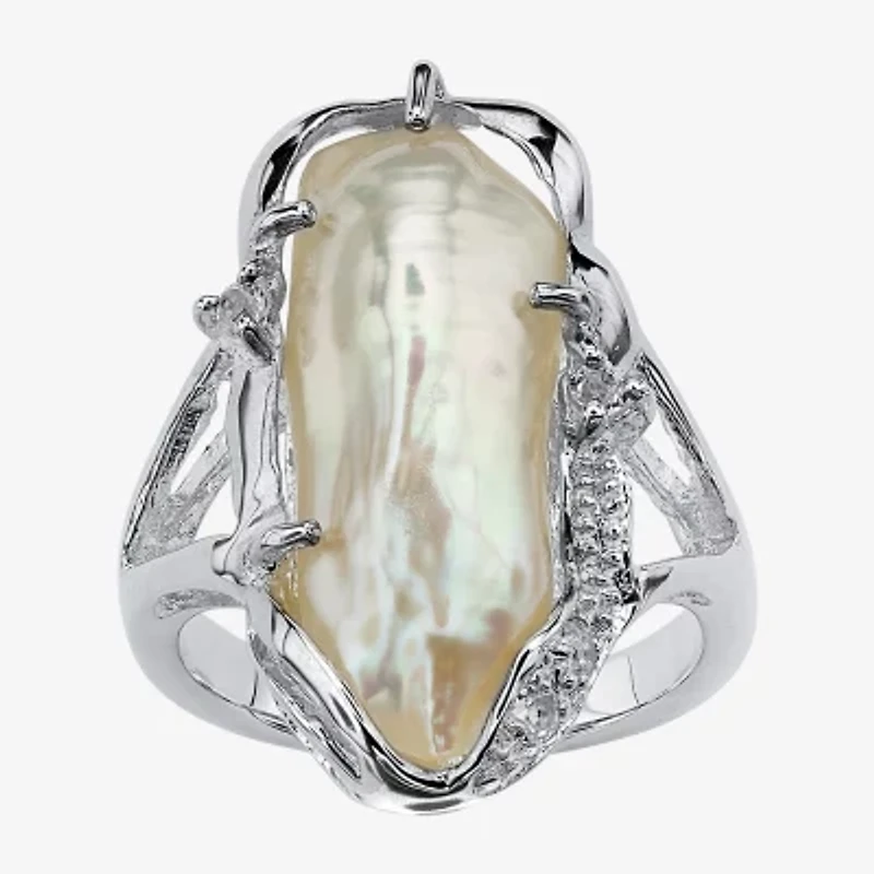 Womens White Mother Of Pearl Sterling Silver Oblong Cocktail Ring