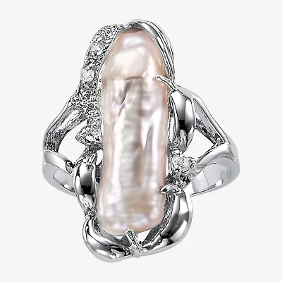 Womens White Mother Of Pearl Sterling Silver Oblong Cocktail Ring