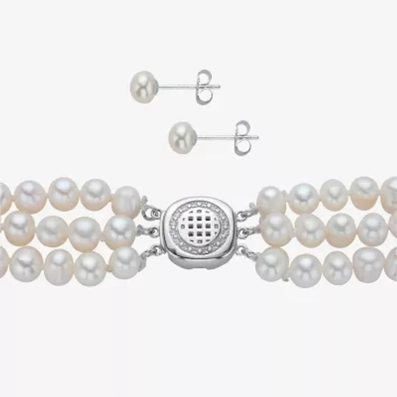 Womens White Cultured Freshwater Pearl Sterling Silver 3-pc. Jewelry Set