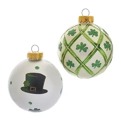 Kurt Adler 80MM Silver and Light Green St. Patrick Glass Ball Ornaments 6 Piece Box