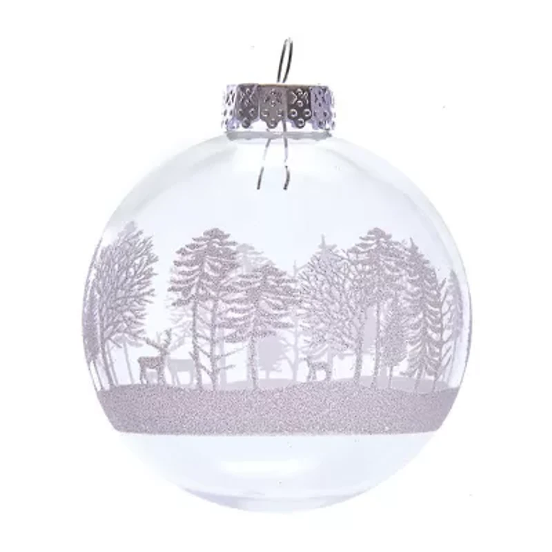 Kurt Adler 80MM Clear with White Tree Design Glass Ball Ornaments 6 Piece Box