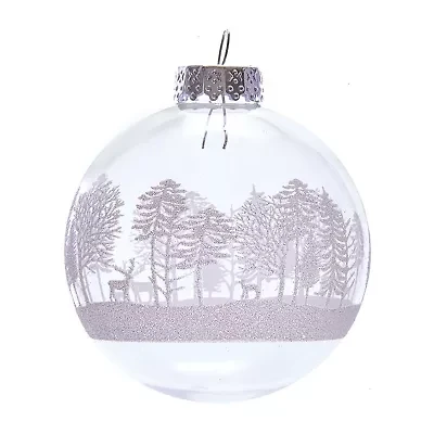 Kurt Adler 80MM Clear with White Tree Design Glass Ball Ornaments 6 Piece Box