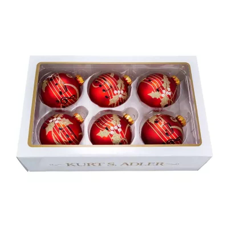 Kurt Adler 80MM Red With Music Notes Glass Ball Ornaments 6-Piece Box