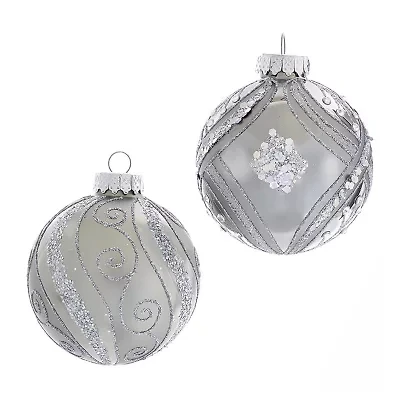 Kurt Adler 80MM Matte and Shiny Silver with Glitter Glass Ball Ornaments 6 Piece Box