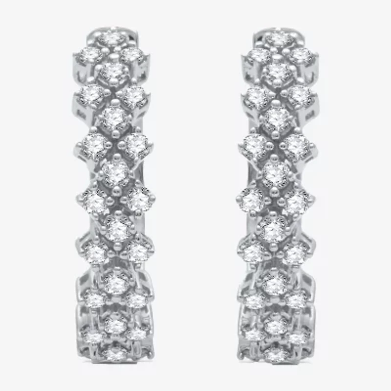 Womens Genuine Diamond 10K White Gold Double-Row Hoop Earrings