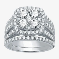 (H-I / I1) Womens 3 CT. T.W. Lab Grown White Diamond 10K Gold Cushion Side Stone Halo Bridal Set