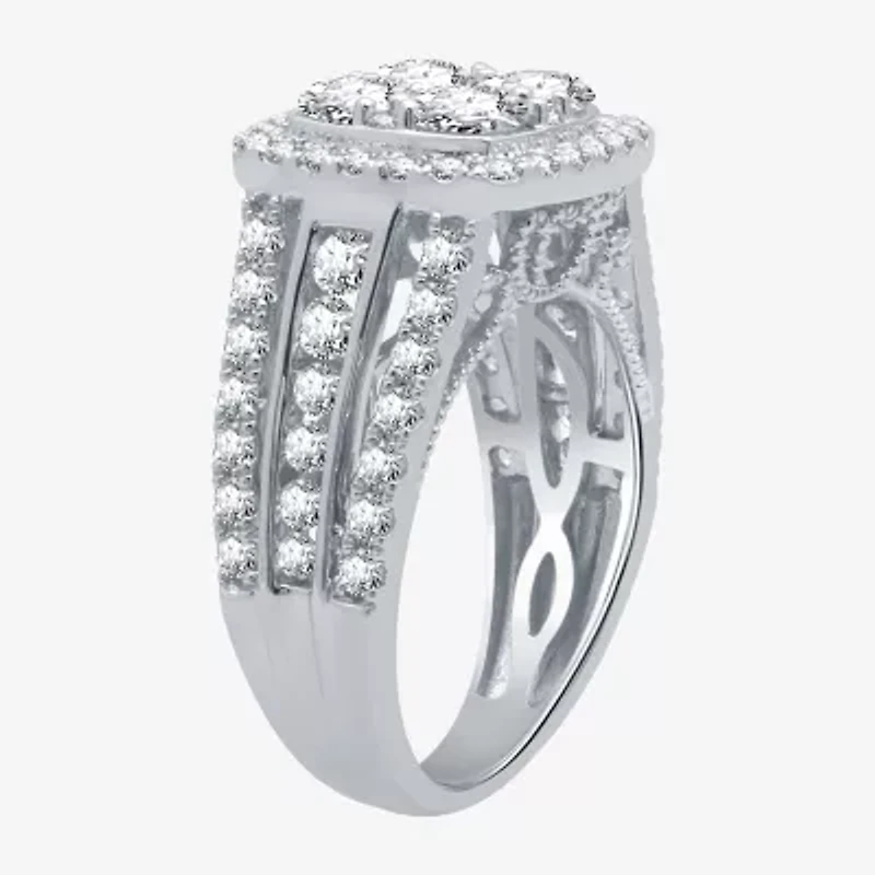 (H-I / I1) Womens 3 CT. T.W. Lab Grown White Diamond 10K Gold Cushion Side Stone Halo Bridal Set