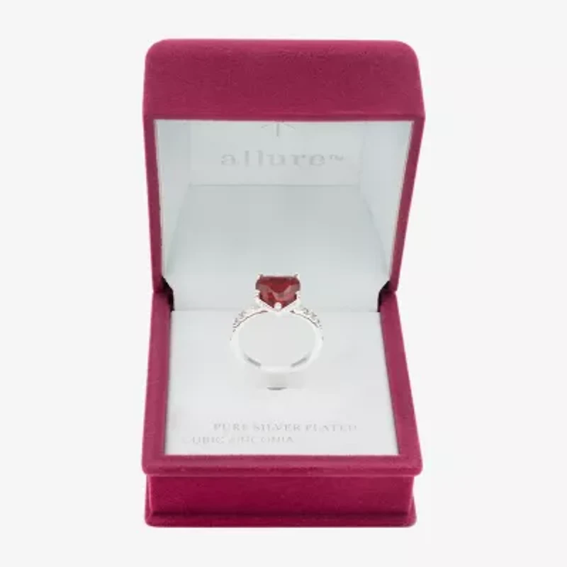 Sparkle Allure Solitaire Womens Red Crystal Pure Silver Over Brass Heart Cocktail Ring